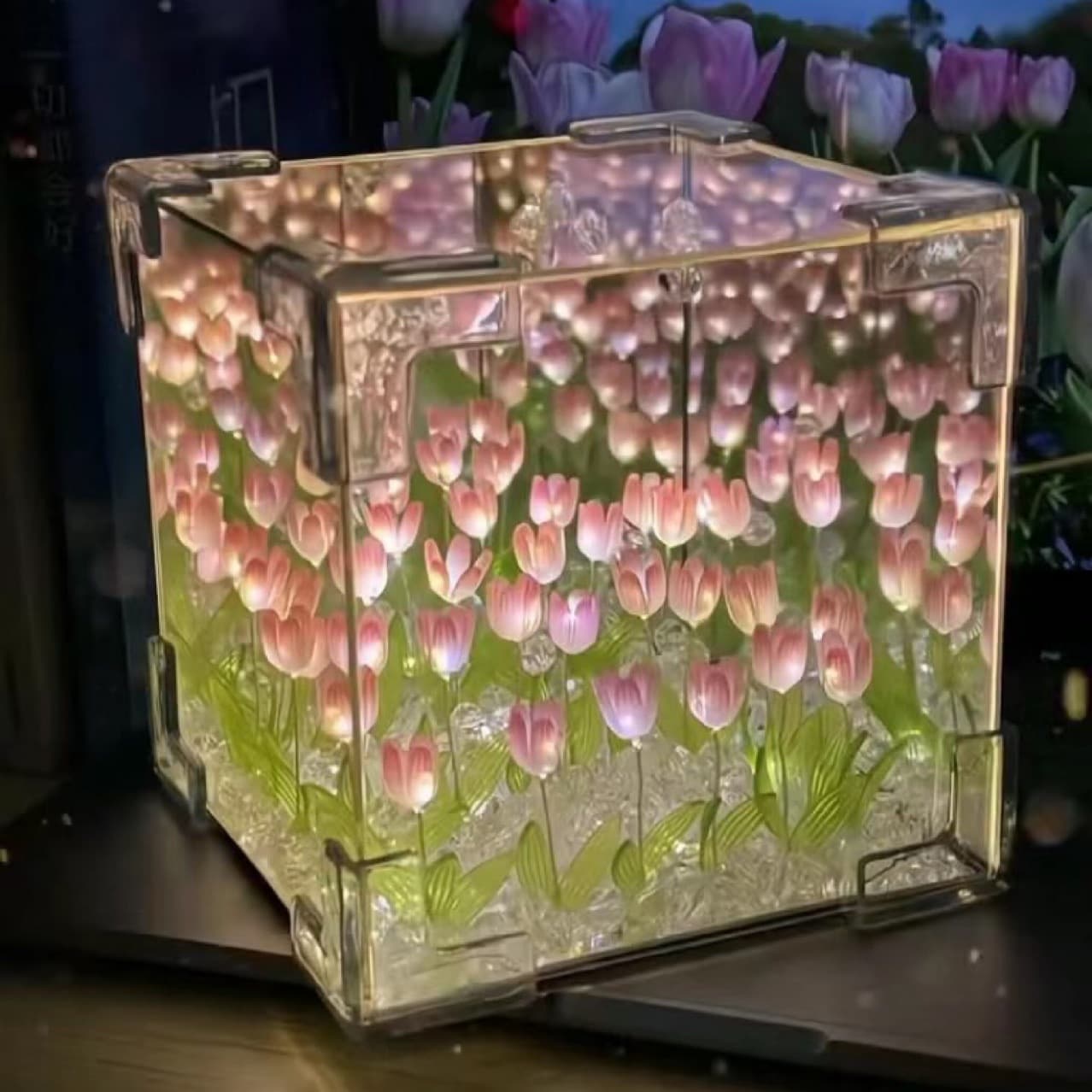 Handmade Diy Tulip Flower Magic Cube Night Light Material Kit Seven-festival Gift For Women Friends Couples Birthday Gift