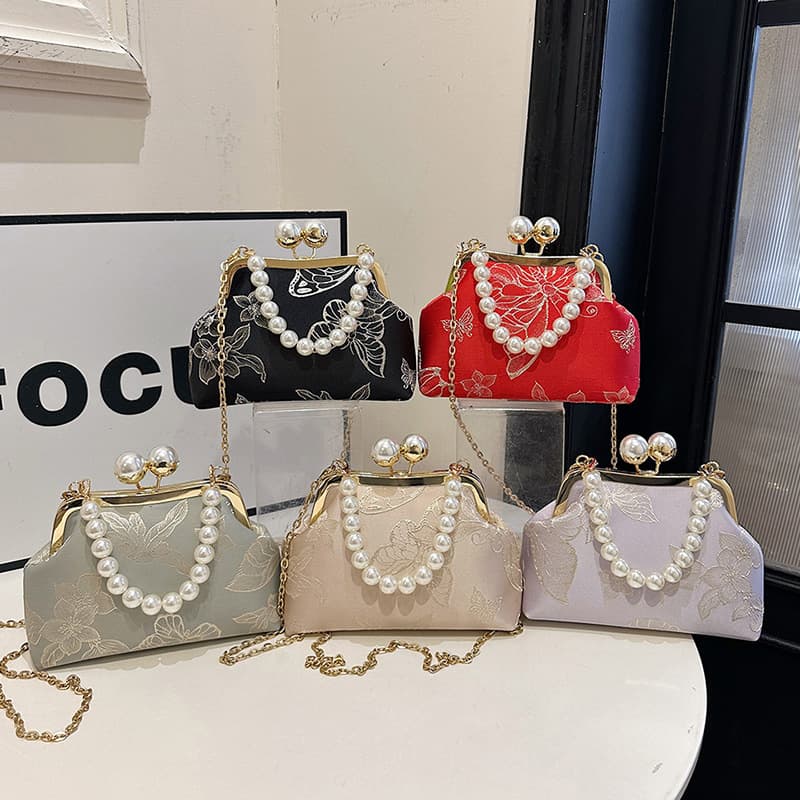 Textured Printed Lace Clasp Bag Handbag Chain Shoulder Bag Cheongsam Bag Vintage Style Bag Pearl Crossbody Bag Women's Bag