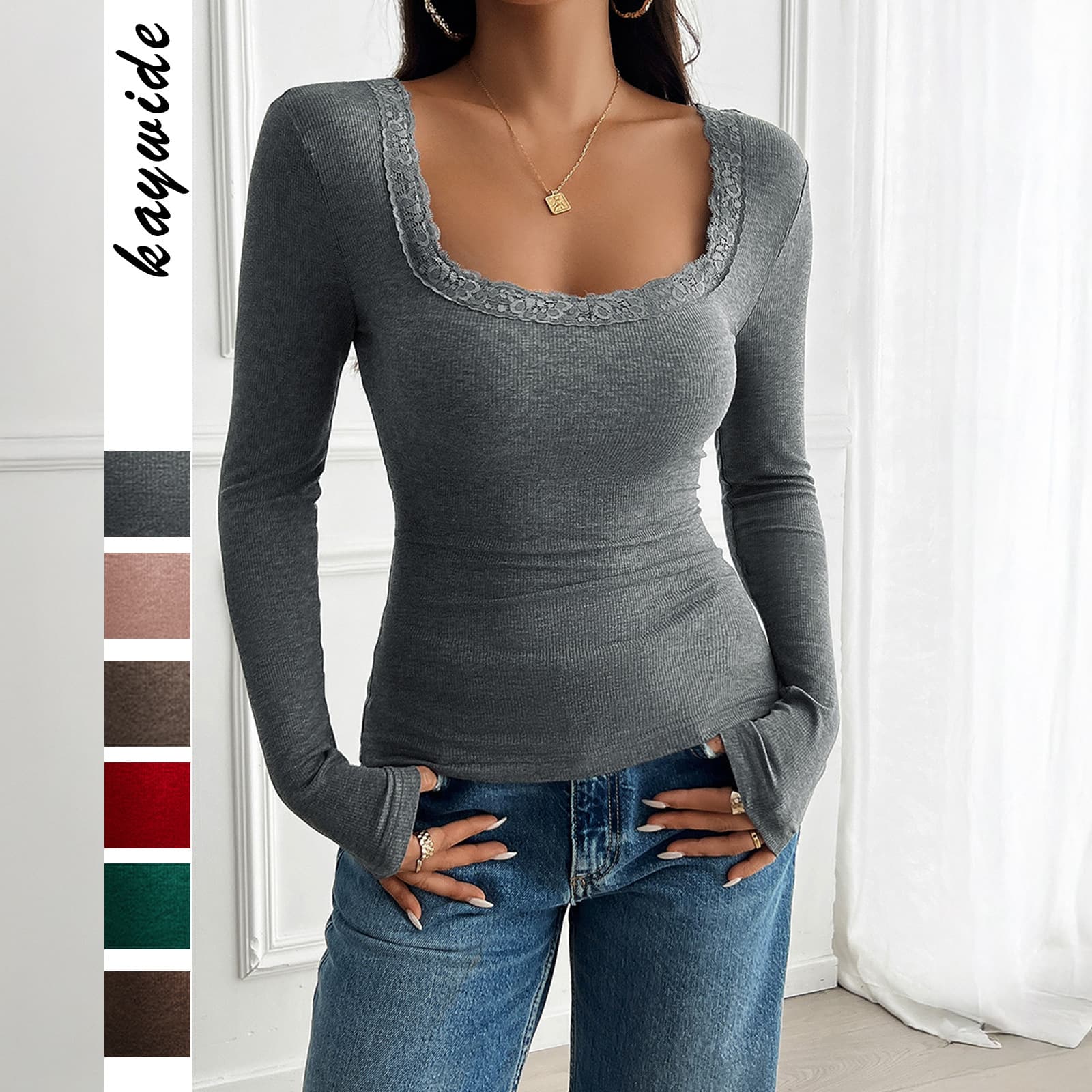 Kaikuo Foreign Trade 2024 Autumn and Winter Amazon European and American Tops Women's Y2K Temperament Slim Square Neck Long Sleeve Sweater