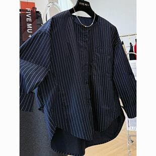 Navy Blue Striped Round Neck Long Sleeve Shirt for Women, Korean Style Simple Elegant Blouse Loose Casual Top