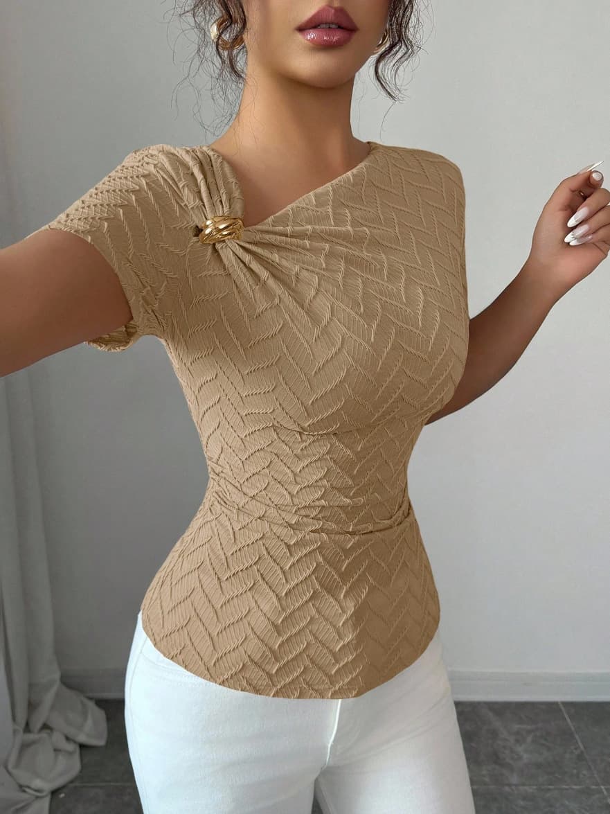 2026 Summer European and American Cross-border Fashion Women's Elegant Asymmetrical Neckline Rose Gold Button Decorated Short-Sleeved T-Shirt Top