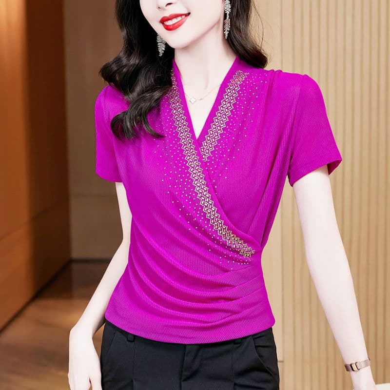 V-neck mesh T-shirt women's short-sleeved summer 2024 new style temperament bottoming shirt for inner wear and outer wear fashionable perm top for women