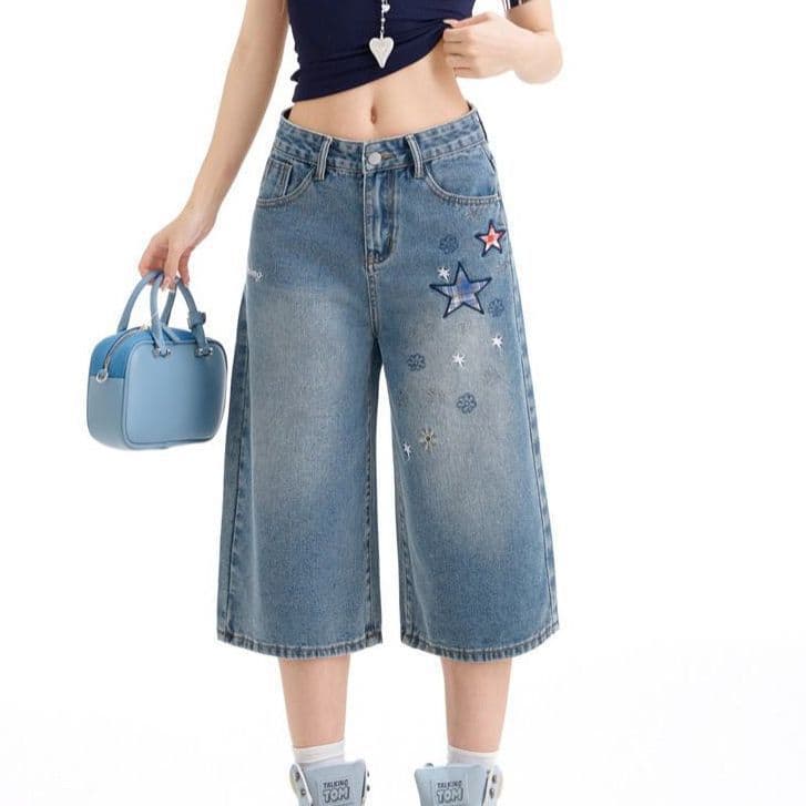 American High-Street Star Patch Capri Denim Shorts for Women Summer Trendy Loose Straight-Leg Wide-Leg Mid-Length Shorts