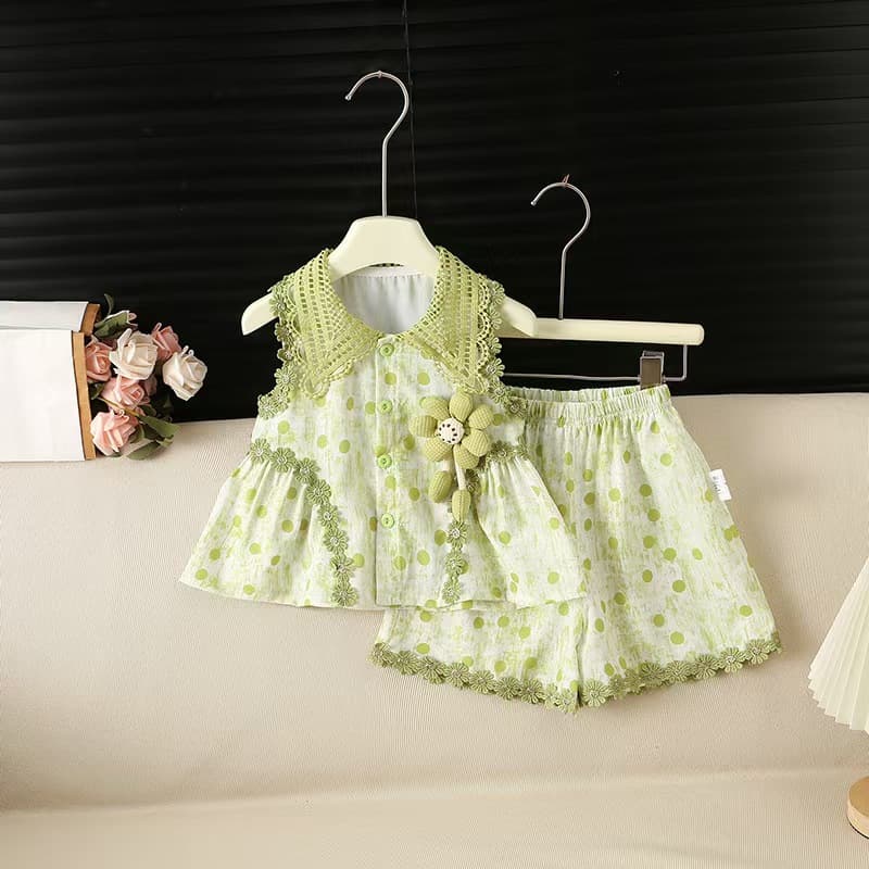 Girls' Korean Style Forest-Themed Set Summer New Polka Dot Set 3D Flower Tank Top and Shorts Two-Piece Set Trendy