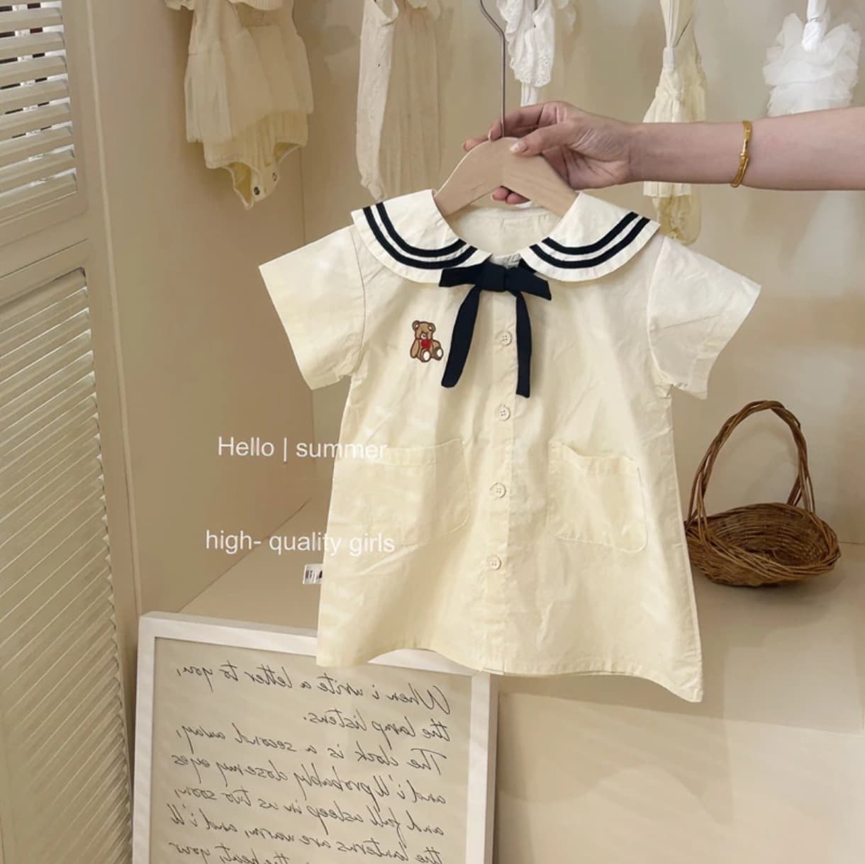 Girls Navy School Style Short Sleeve Dress Summer Baby Kindergarten Performance School Uniform Garden Uniform Princess Dress