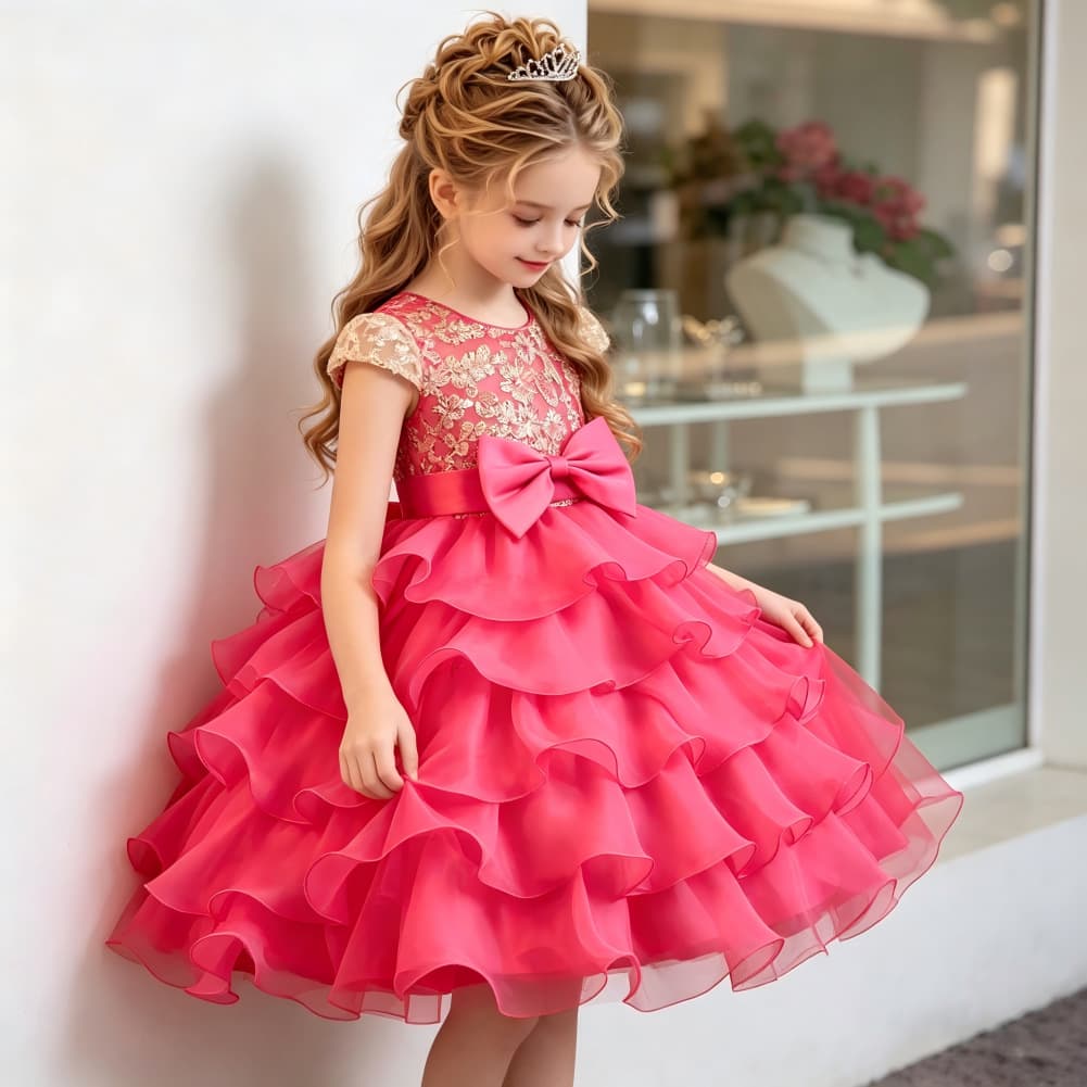Children's dress cake tutu skirt small host bow embroidered organza girl wedding catwalk dress