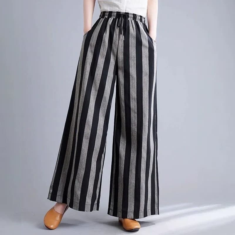 New 2026 Summer Cotton and Linen Casual Straight Pants Fashion Striped Retro Wide Leg Pants Nine-Point Pants Elastic Waist Women's Clothing