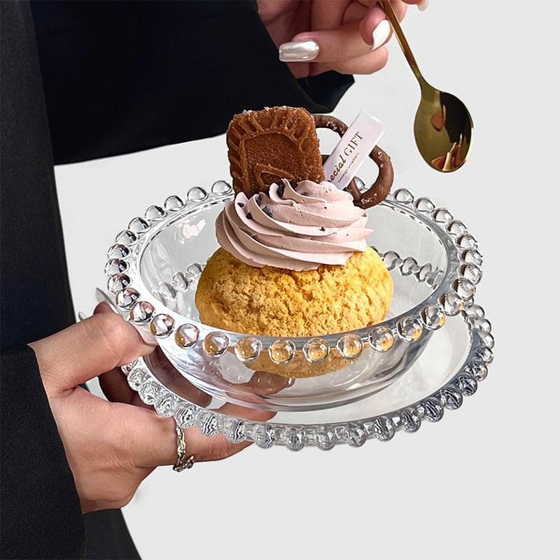 Aesthetic Ins-Style Pearl-Edge Glass Oatmeal Yogurt Bowl, Ice Cream Sundae Bowl, Breakfast Fruit Salad Dessert Bowl
