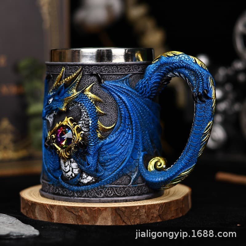 24 years new cross-border creative personality retro ornaments mug medieval flying dragon diamond beer stainless steel mug