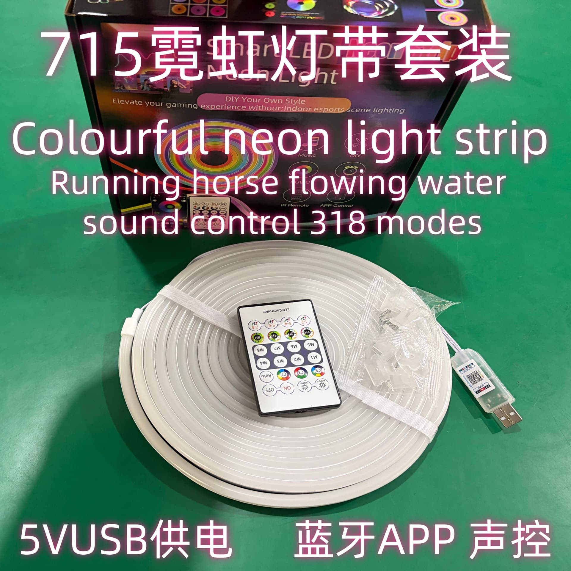 5V715 RGBIC Neon Flex LED Strip with Running Water Effect, 24-Key Bluetooth Voice Control LED Kit