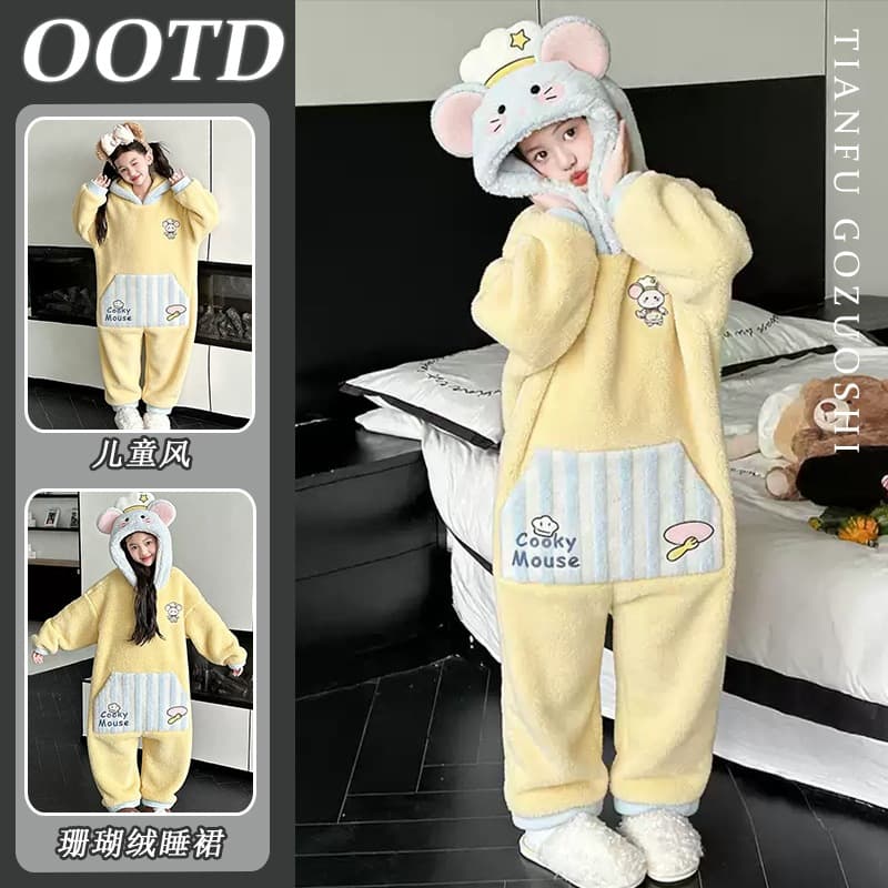 [Coral Fleece] [Kids] Cartoon Mouse Cute Pajamas, Winter Coral Fleece Funny Onesie Nightgown
