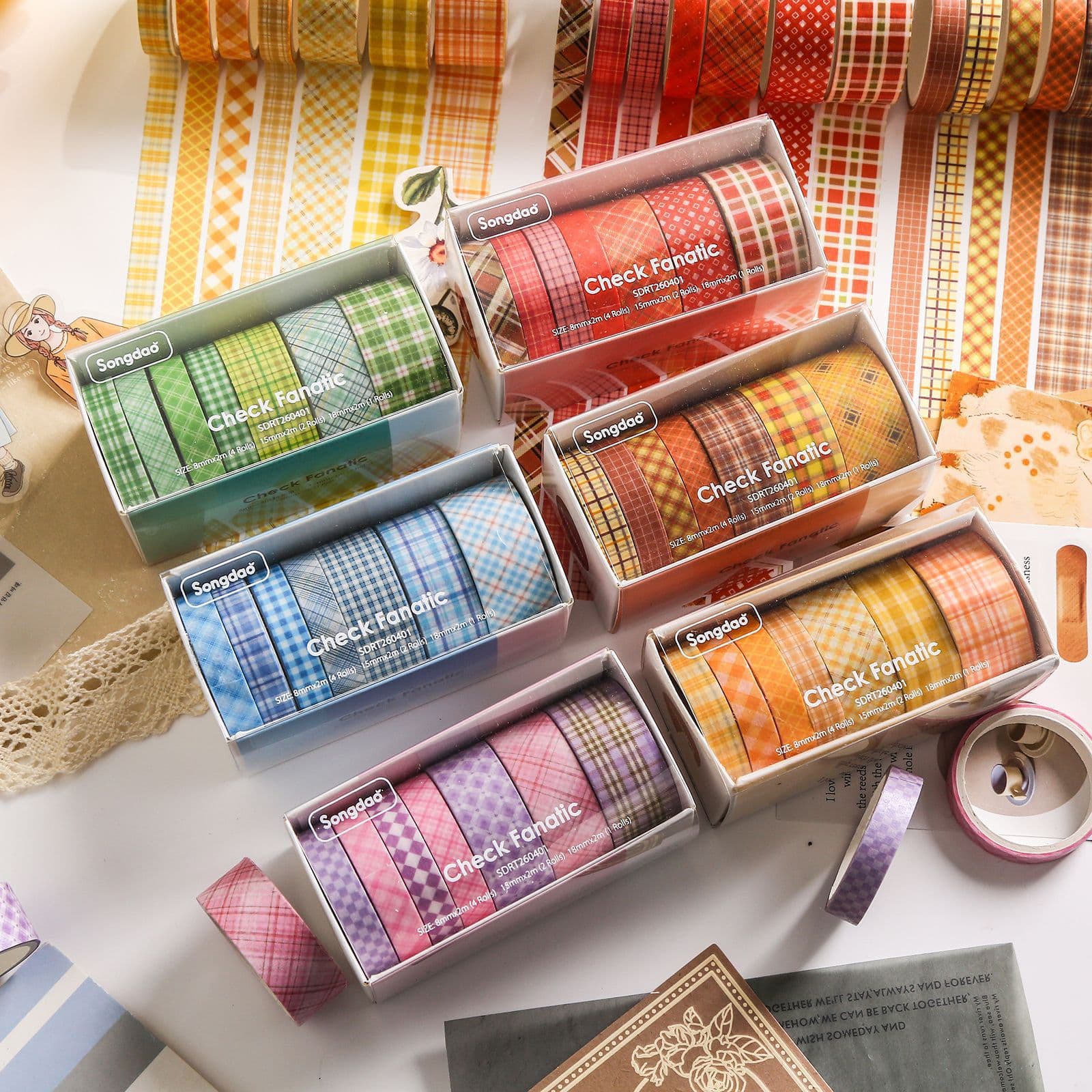 Grid Control Series Tape Set 6 Rolls Washi Tape Plaid Pattern Colorful Plaid Trendy Plaid Decoration
