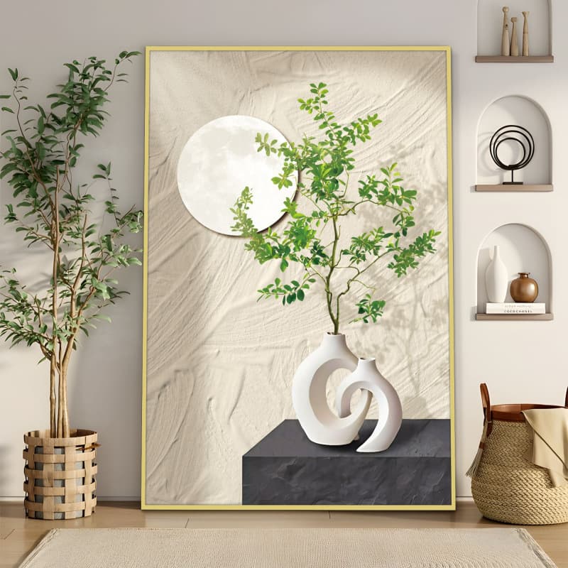 Nordic-style cream-colored entryway decorative painting, floor-to-ceiling painting at the end of the hallway, greenery planted in the living room, painting with vase 80120