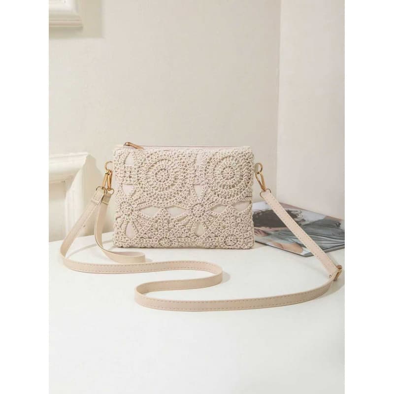 Korean Style Casual Straw Woven Beach Bag, Vintage Women's Bag, Hollow New Flower Fashion Shoulder Crochet Knitted Bag