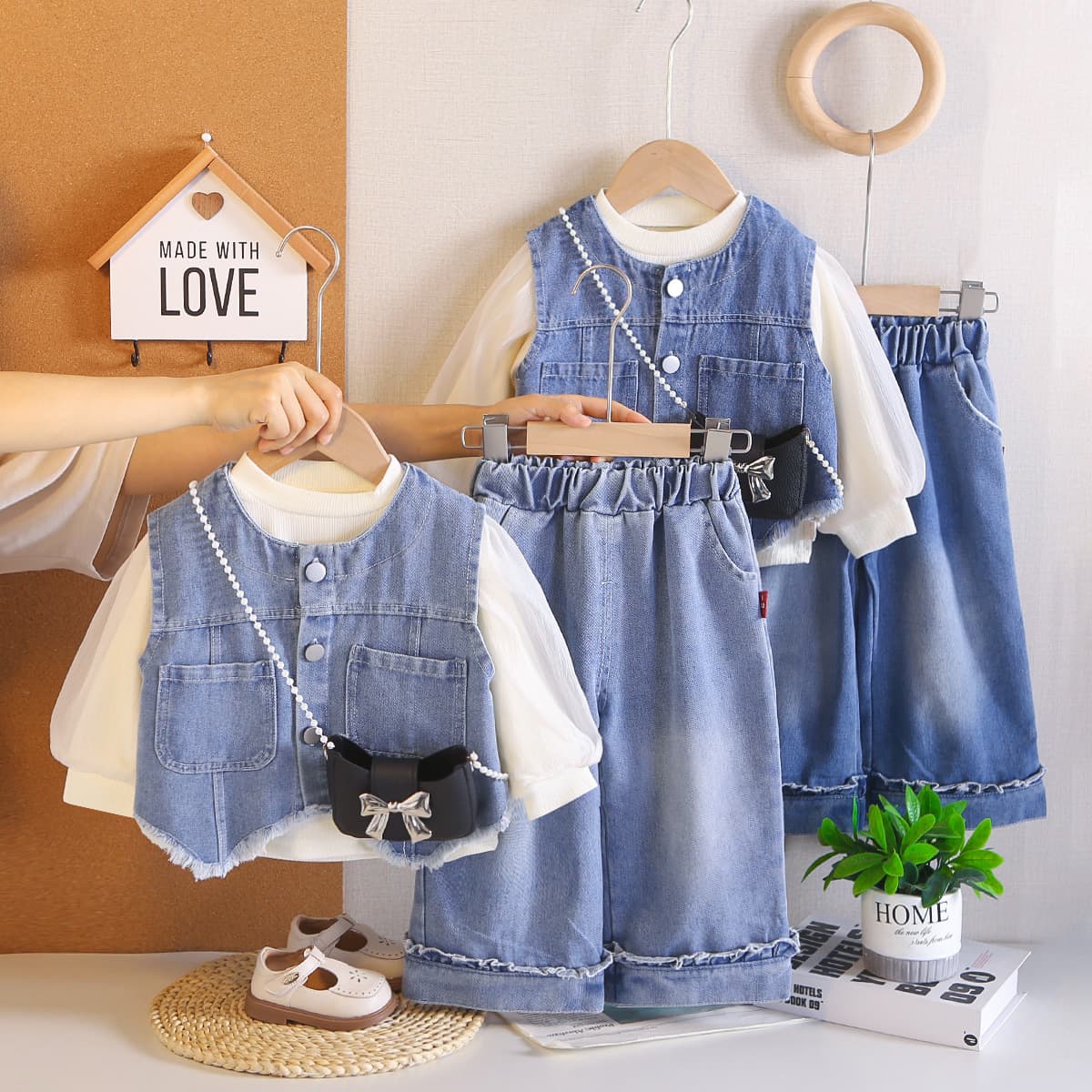 Girls' Autumn Outfit Set Korean Style Cute Baby Spring Autumn Denim Vest 3-Piece Set Infant Toddler Little Girl