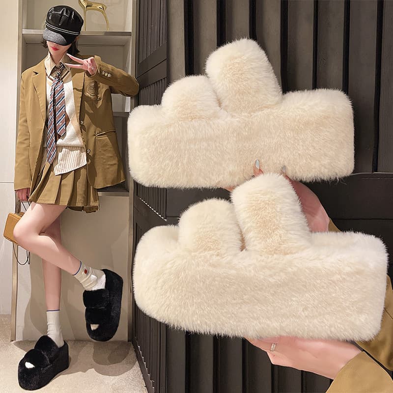 Thick-Soled Fuzzy Slippers for Women Autumn Outdoor Wear 2024 Viral Trendy Versatile Warm Fleece-Lined Flat Fairy Slides Plush