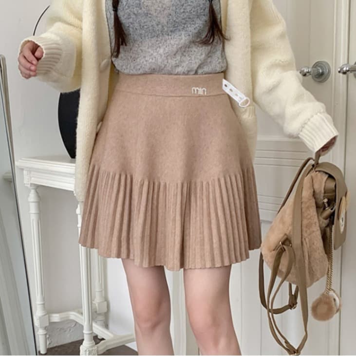 Knit Pleated Skirt Woolen Short Skirt White Anti-Exposure A-Line Skirt Women Summer Versatile Gray High-Waist Skirt