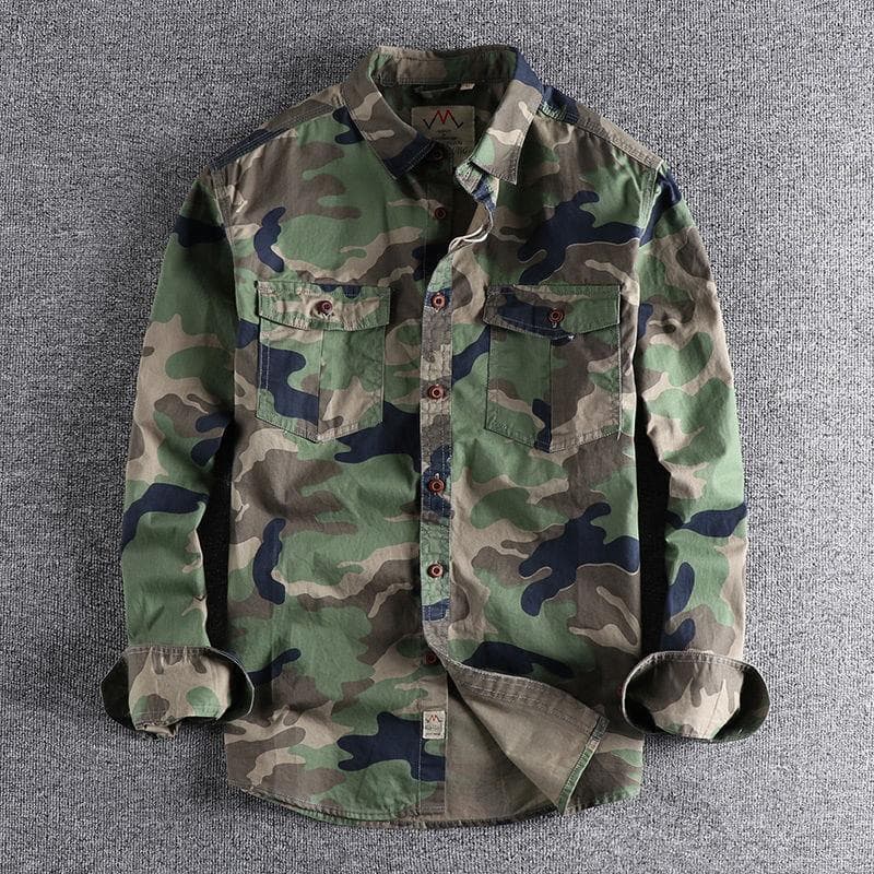 American Workwear Camouflage Double Pocket Coat Washed Green Long Sleeve Shirt Men's Loose Wear-Resistant Work Clothes Top Wholesale