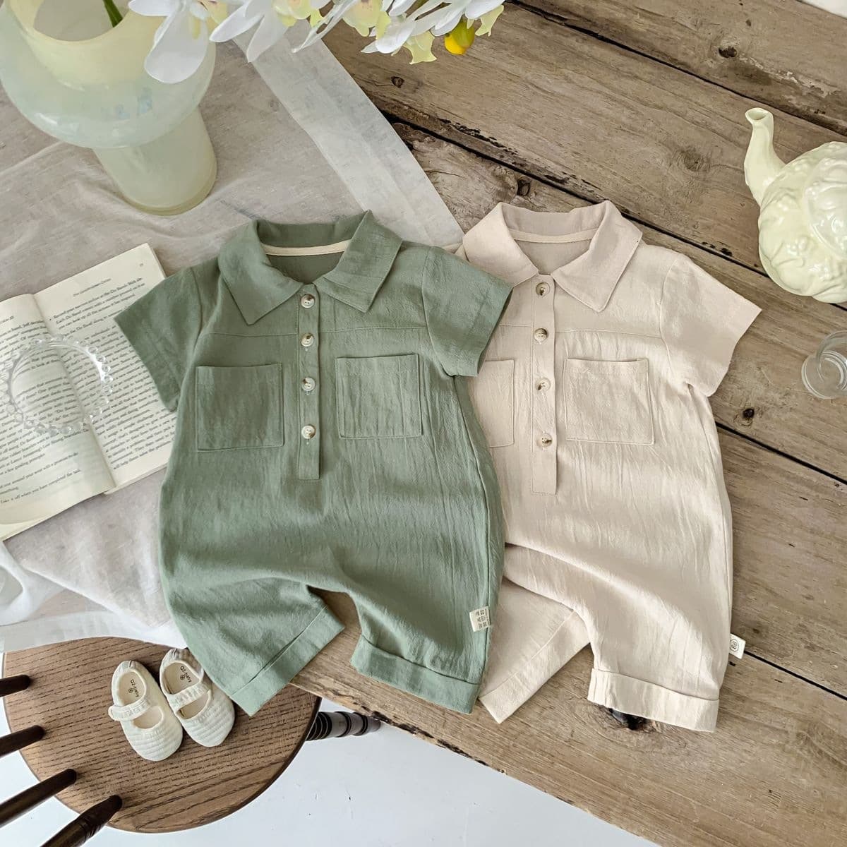 Summer boys' short-sleeved jumpsuit Korean style baby boy's stylish front buttoned newborn girl's clothes crawling suit