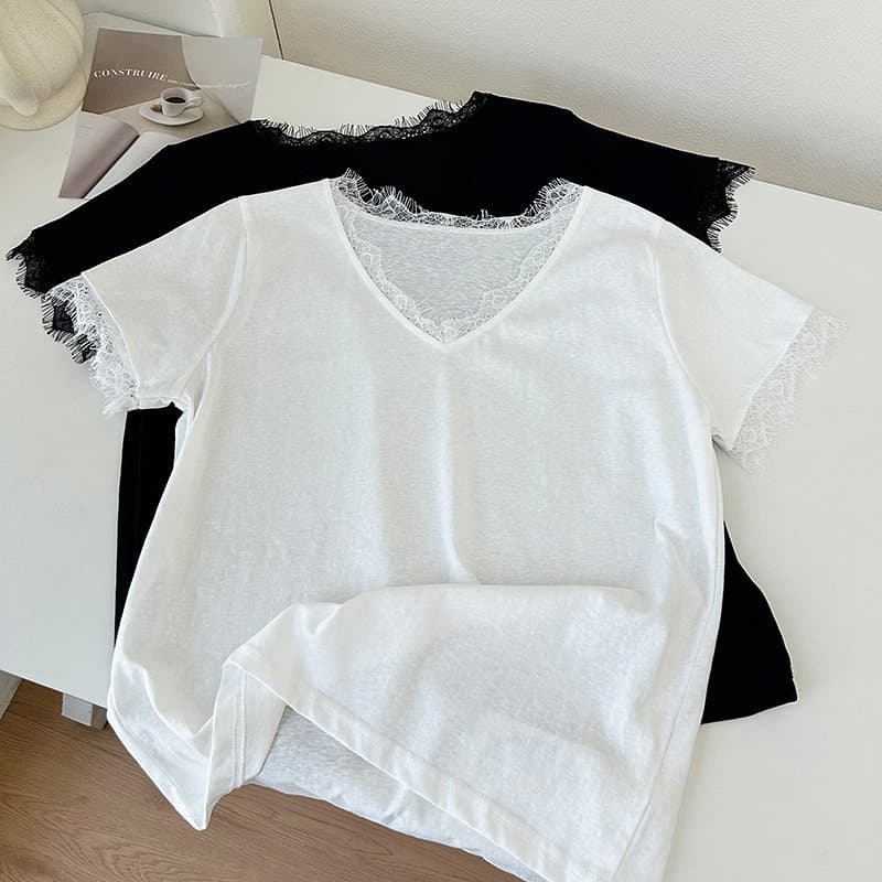 Korean-style eyelash lace spliced V-neck short-sleeve T-shirt for women, new summer loose fit versatile solid color slim top