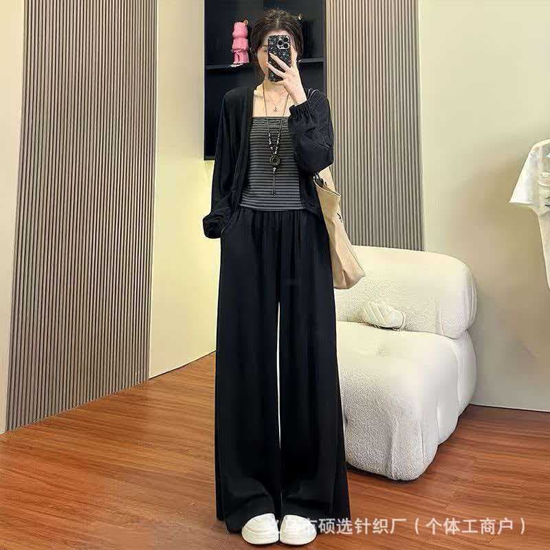 Sports glutinous rice casual suit fashionable spring and summer 2026 high-end knitted loose cardigan wide-leg pants three-piece set