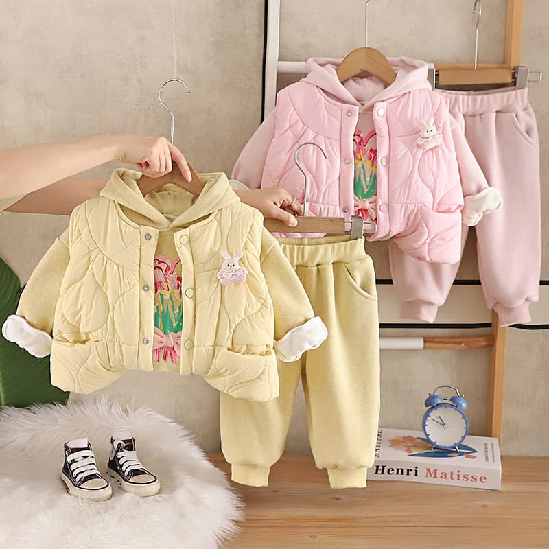 Girls Suit 2026 New Winter Velvet Thickened Cartoon Bunny Vest Three-piece Set Baby Keeps Warm and Trendy