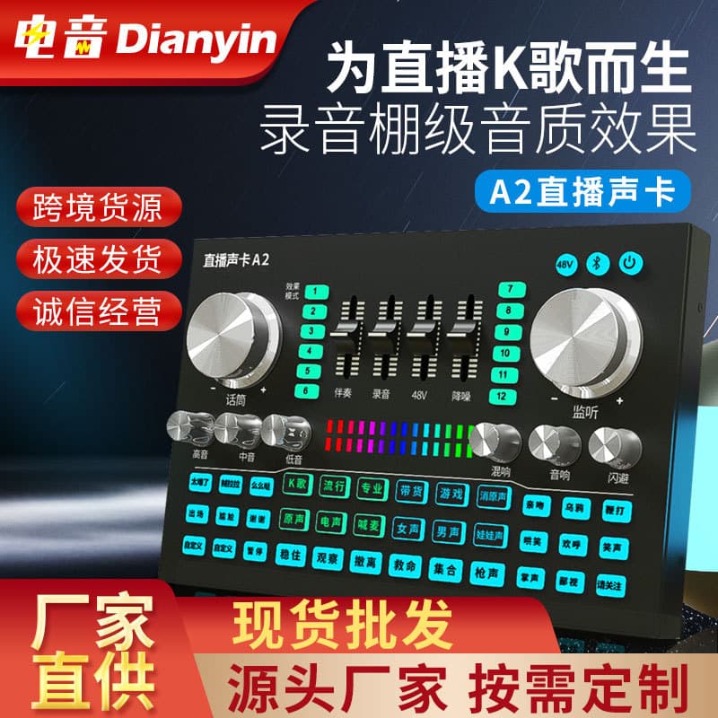 A2 Sound Card Kit with 48V for Shouting, Karaoke, Recording, Video Shooting, Compatible with Mobile and PC for Kuaishou, Douyin, Includes Live Streaming and Microphone