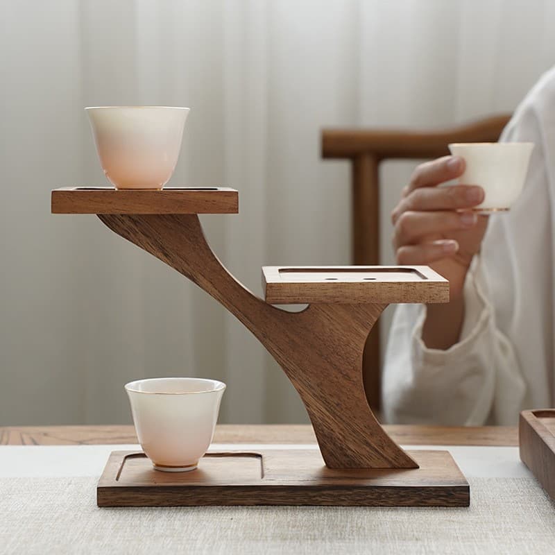 Walnut wood desktop tea set storage rack teacup teapot holder tea ceremony accessory rack cup rack shelf layer display decor