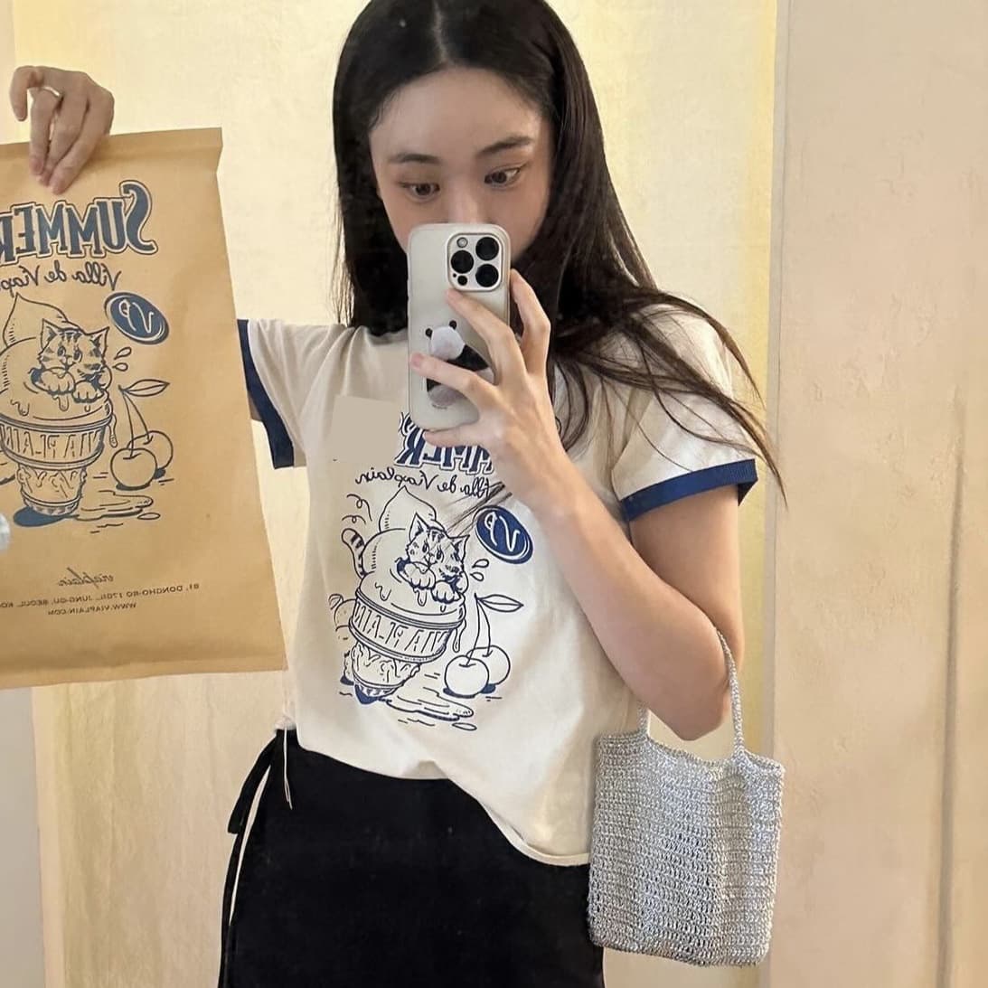 Vintage Cat Summer Letter Print Colorblock Round Neck Short Sleeve T-Shirt Spring/Summer New Arrival