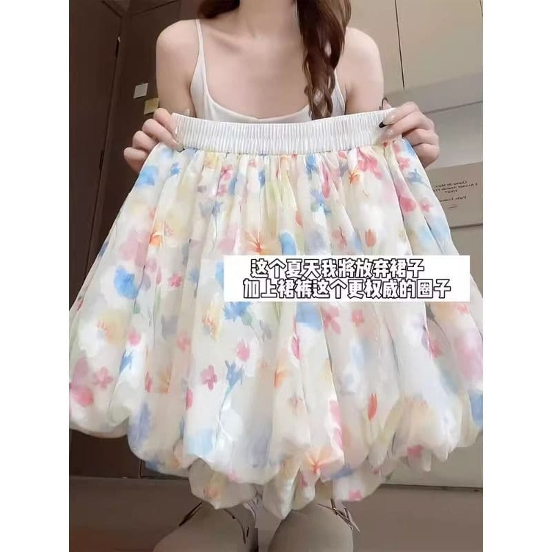 (With lining) Large size floral fluffy flower bud shorts for women fat mm summer high waist loose ice silk wide leg culottes