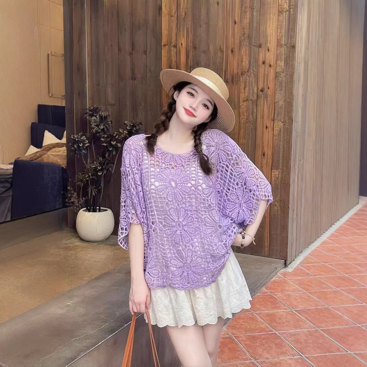 Korean Design Irregular Loose Lazy Style Cut Out Crochet Knitwear Women's Summer Versatile Bat-Sleeve Blouse