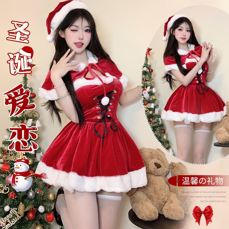 Sexy Pure Desire Christmas Cape Velvet Tie Dress Waist Sleepwear Couple Date Uniform Sexy Lingerie