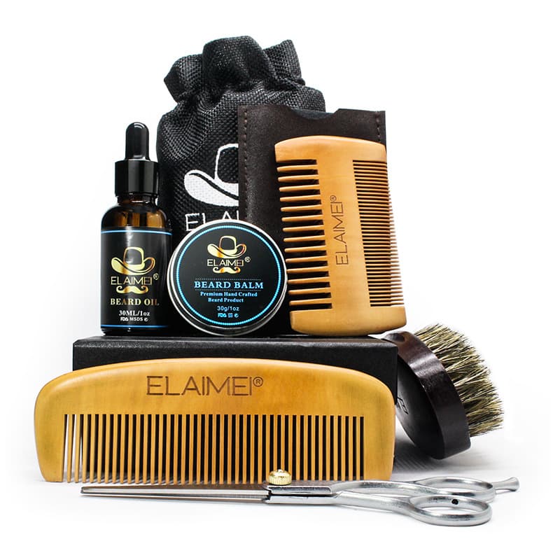 Cross-border ELAIMEI Beard Care Tool Set Beard Comb, Bristle Brush, Scissors, Beard Balm & Oil 6-Piece Set