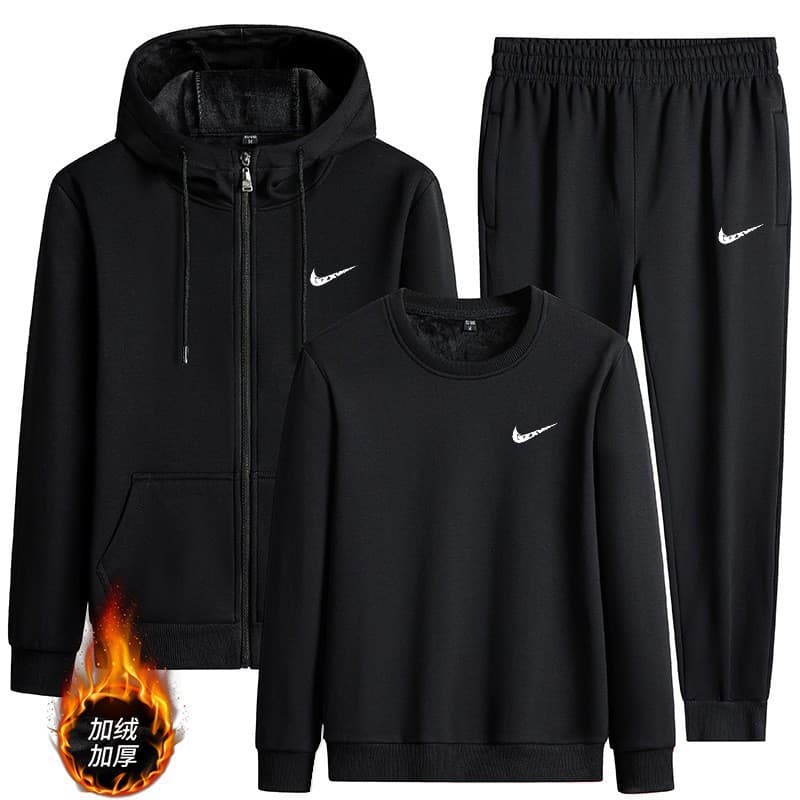 2025 Winter New Men's Pure Cotton Fleece-Lined Thickened Casual Set Youth Sports Hooded Sweatshirt Men's 3-Piece Set