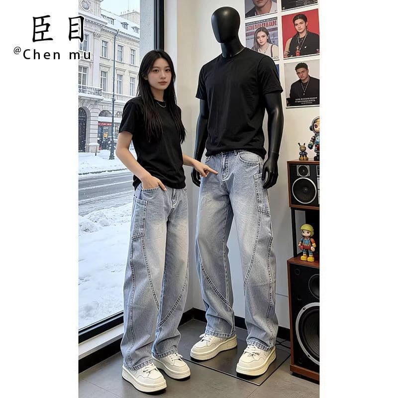 American High Street Denim Set Men's Summer Short-Sleeve T-Shirt Slim Fit Workwear Xintang Tough Guy Washed Blue Jeans