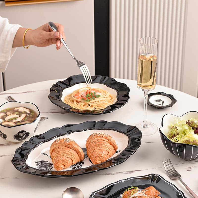 Vintage Tulip Retro Ceramic Dinnerware Set Bowls Plates Dishes Home Use High-End Black and White Tulip Series Tableware Set