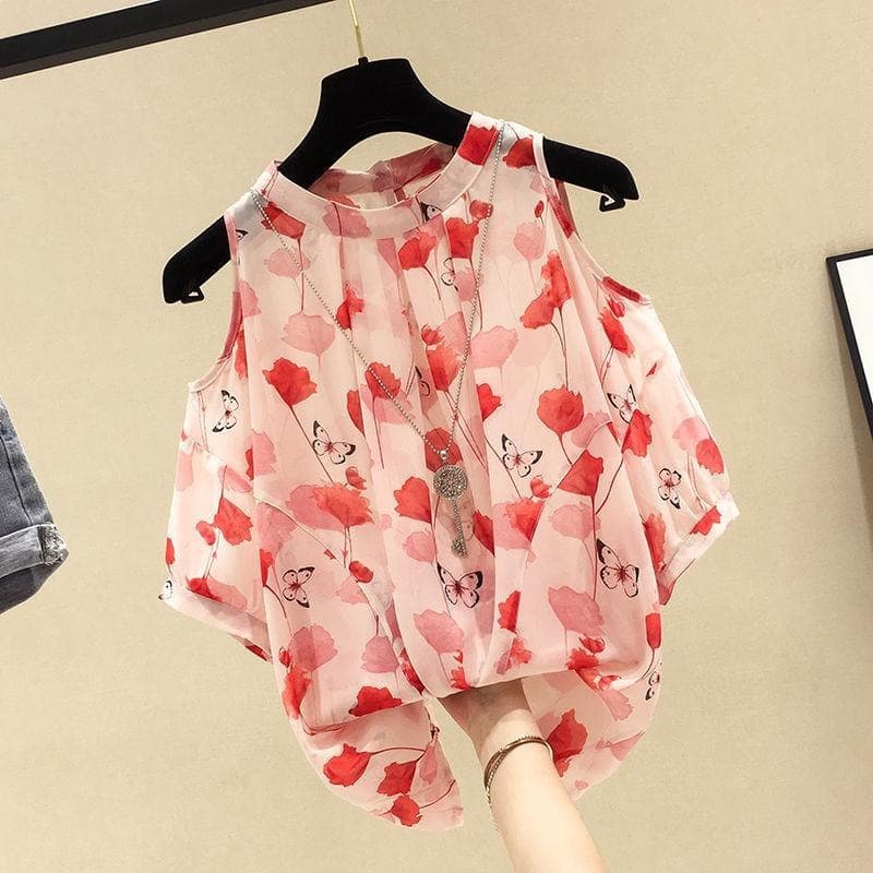 Plus-Size Loose-Fitting, Slimming, Elegant Off-Shoulder Floral Chiffon Blouse for Women, Summer Niche Design Top