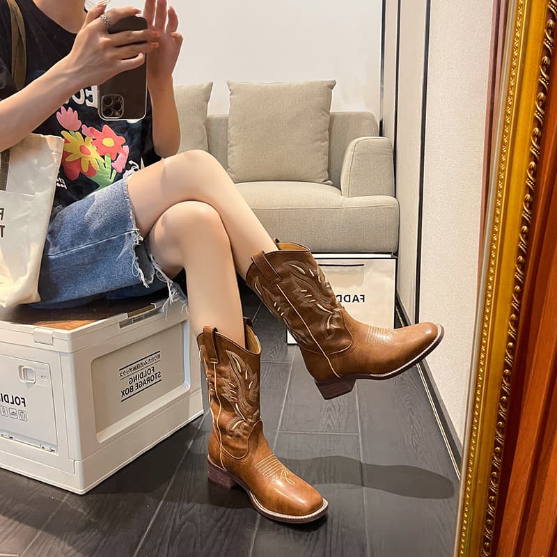 Retro Embroidered Brown Martin Boots Women's Summer Thick Heel Cowboy Boots Knight Short Western Style Breathable Anti-slip