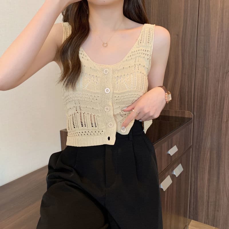 2024 New Cardigan Top Trendy Knitted Hollow Sleeveless Camisole Women's Short Version Navel Revealing Slimming Versatile Outerwear