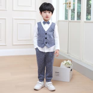 Boy Vest Two-Piece Set Children's Handsome Spliced Long-Sleeve Shirt Baby Birthday Flower Boy Performance Costume