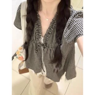 Korean Style Faux Two-Piece Plaid Patchwork Lace Trim Tie Blouse for Women, Summer, Slimming and Age-Reducing Top