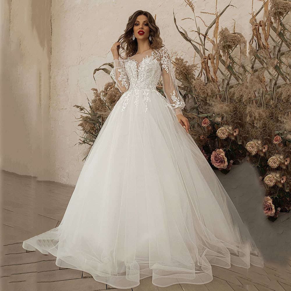 European and American Wedding Dress High-End Summer Long Train Sexy Tulle Off-Shoulder Puff Long Sleeve Wedding Gown Evening Dress