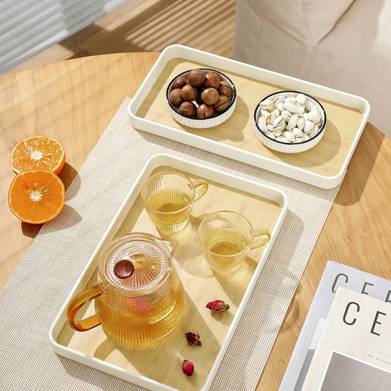 Thickened tray for home use, holds tea cups, water cups, small living room Japanese-style rectangular fruit plate with wood grain imitation