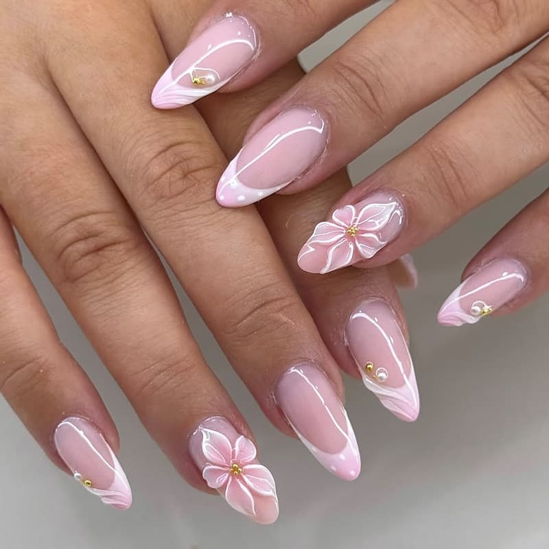 30 Pieces 3D Nail Art Stickers Almond Shape Cross-Border Hot Selling Hand-Painted Flower Design High-Quality Fake Nails