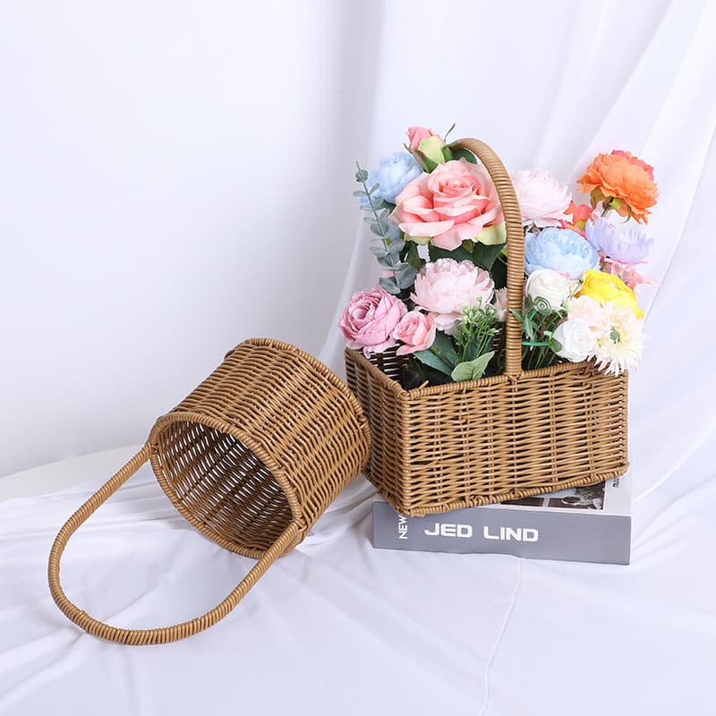 Handwoven Rattan Flower Basket Festive Plastic Rope Handle Basket Arrangement Basket Companion Gift Basket Traditional Craft