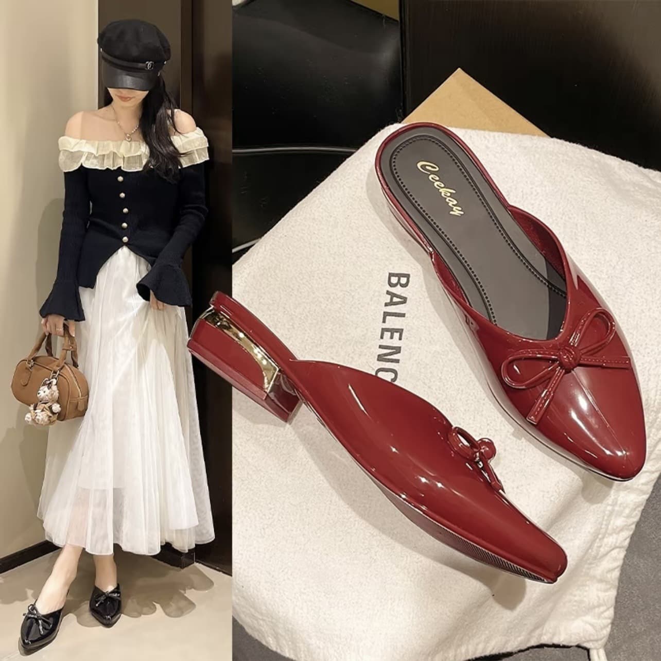New Fashion Bow Crystal Mule Slippers for Women, Mid-High Heel, French Style Casual Summer Sandals