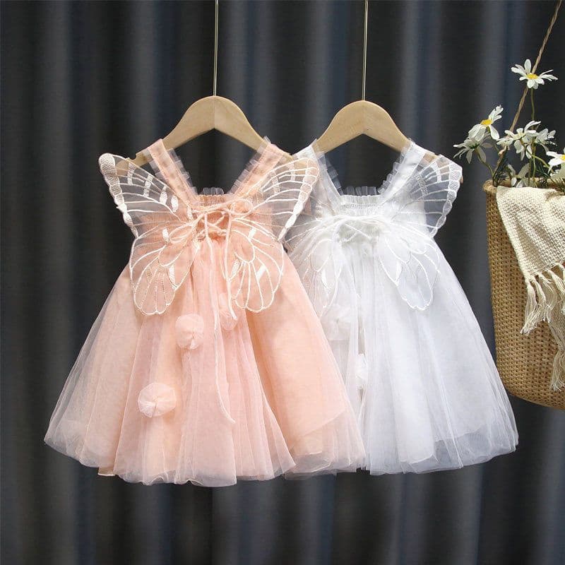 Children's Princess Dress Super Fairy Birthday Gown Baby Girl Summer Dress with Butterfly 3D Flowers on Back