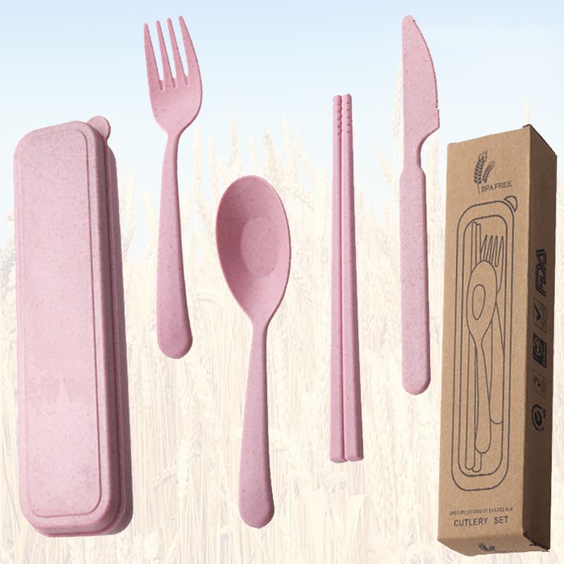 Internationally Tested Biodegradable Wheat Straw Cutlery, Western Knife, Fork, Spoon, Chopsticks Portable Utensils with Logo