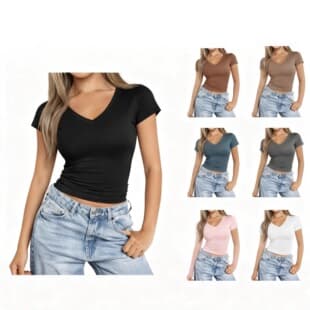 European and American cross-border women's V-neck T-shirt, slim-fit short-sleeve top, fashionable and figure-flattering, milk silk solid color base shirt for women