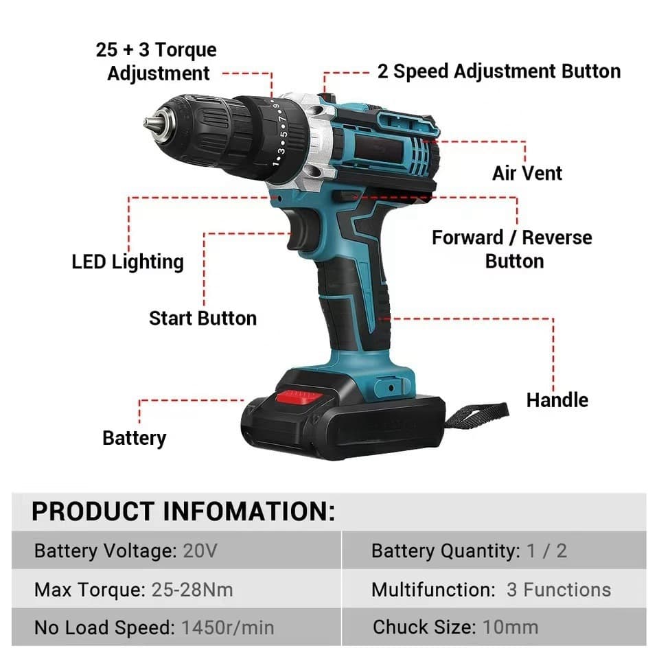 Rechargeable Hand Drill Home Industrial Multi-function Dual Speed Impact Electric Screwdriver Cordless Drill